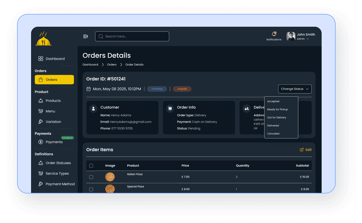 Manage Delivery (dark mode)