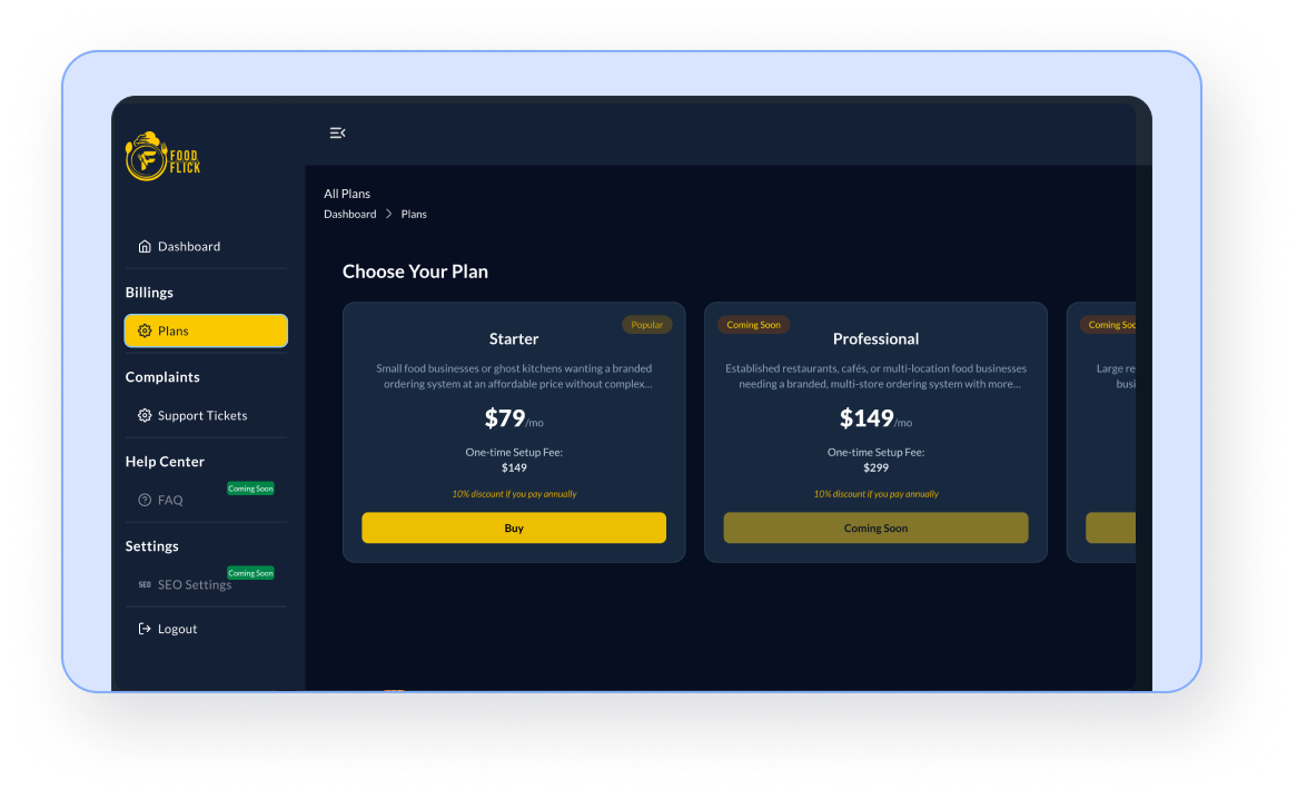 Step 2: Select Your Plan & Complete Onboarding (Dark Mode) - Restaurant Online Ordering System